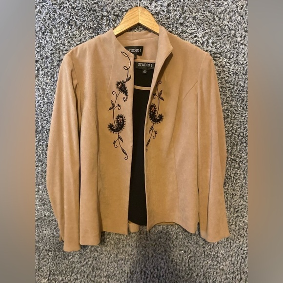 Studio 1 Beaded Blazer Womens Jacket 10 Brown Embroidered Open Front Retro Chic - Picture 6 of 11